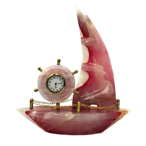 Natural Hand Made Onyx Ship Shape with Clock Marble Stone Hand Crafted Ship Sculpture 8" Inch best Gift  Pink / Red