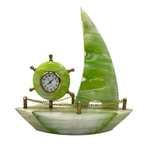 Natural Hand Made Onyx Ship Shape with Clock Marble Stone Hand Crafted Ship Sculpture 8" Inch best Gift Sea Green Colour